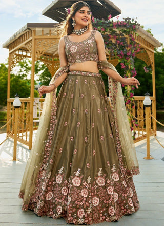 Olive Green Designer Embroidery Lehenga Choli ClothsVilla