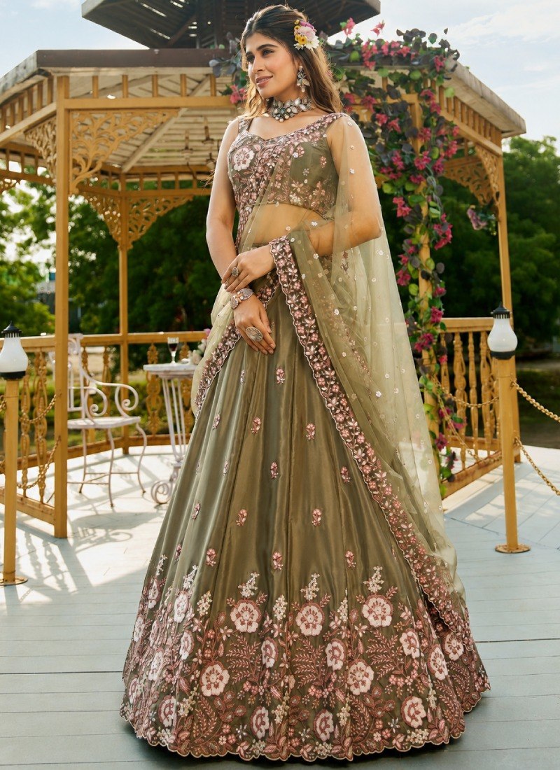 Olive Green Designer Embroidery Lehenga Choli ClothsVilla