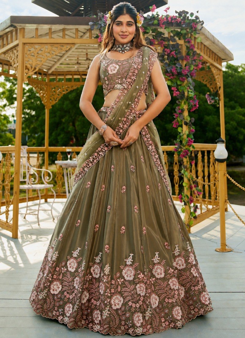 Olive Green Designer Embroidery Lehenga Choli ClothsVilla