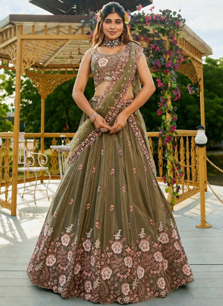 Olive Green Designer Embroidery Lehenga Choli ClothsVilla