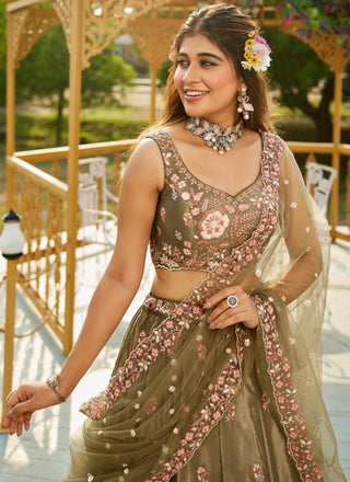 Olive Green Designer Embroidery Lehenga Choli ClothsVilla