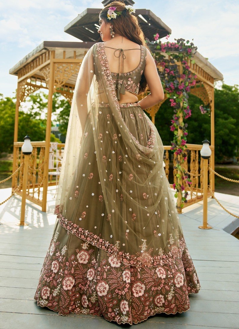 Olive Green Designer Embroidery Lehenga Choli ClothsVilla
