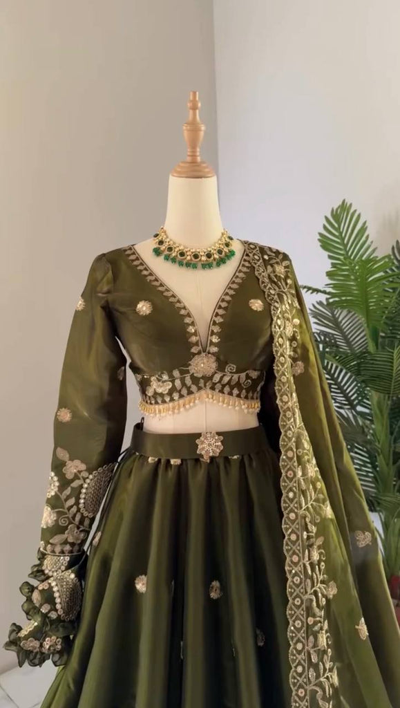 Olive Green Designer Jimi Choo Lehenga Choli Set with Heavy 3mm & 9mm Sequin Embroidery – With Dupatta ClothsVilla