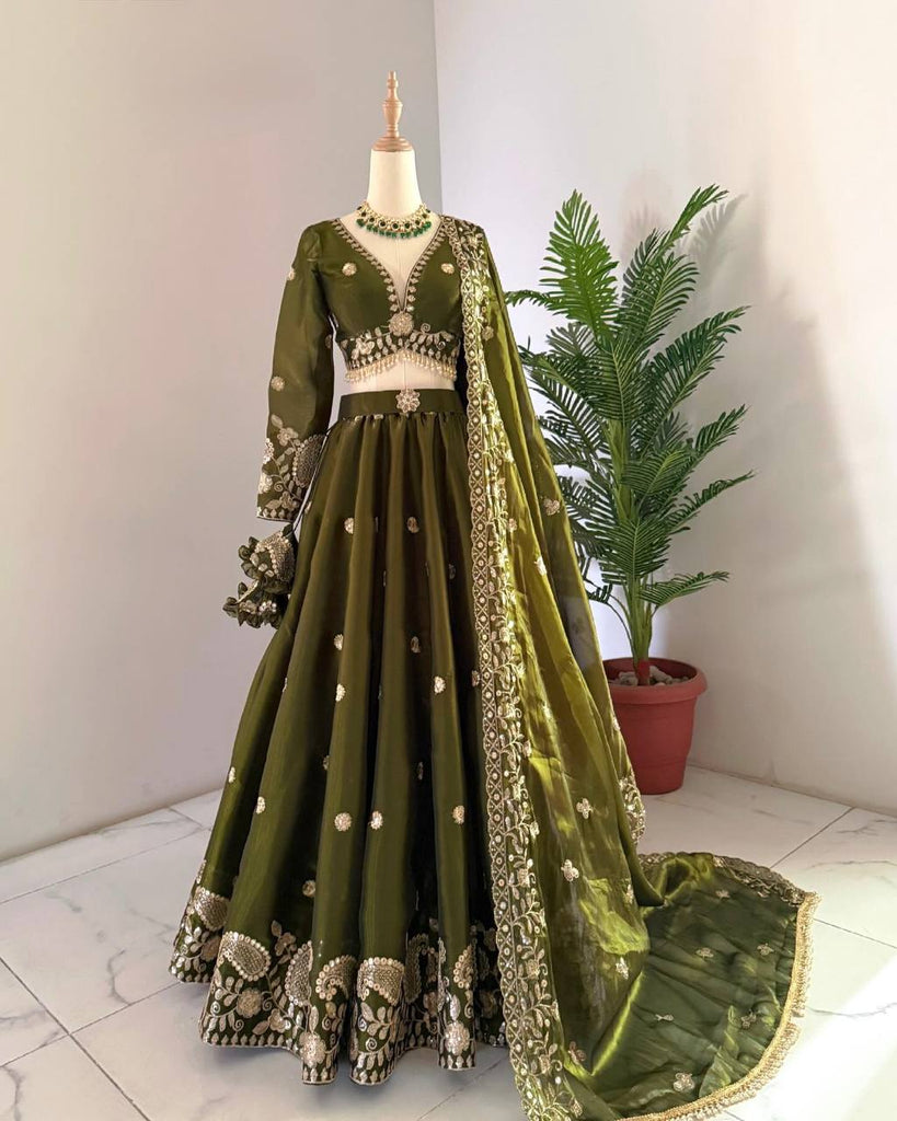 Olive Green Designer Jimi Choo Lehenga Choli Set with Heavy 3mm & 9mm Sequin Embroidery – With Dupatta ClothsVilla
