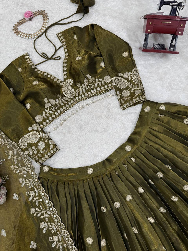 Olive Green Designer Jimi Choo Lehenga Choli Set with Heavy 3mm & 9mm Sequin Embroidery – With Dupatta ClothsVilla
