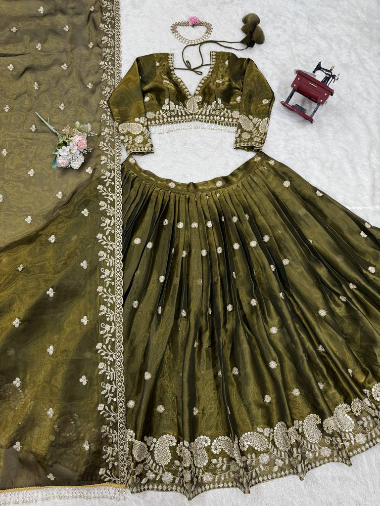 Olive Green Designer Jimi Choo Lehenga Choli Set with Heavy 3mm & 9mm Sequin Embroidery – With Dupatta ClothsVilla