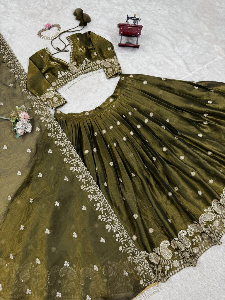 Olive Green Designer Jimi Choo Lehenga Choli Set with Heavy 3mm & 9mm Sequin Embroidery – With Dupatta ClothsVilla
