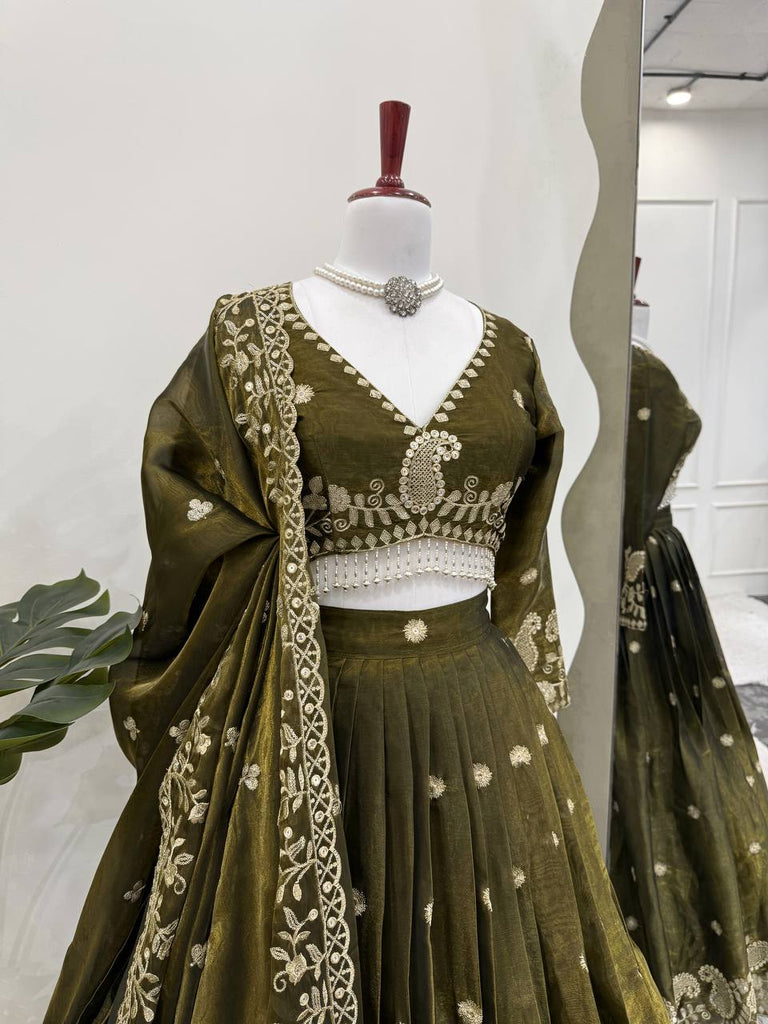 Olive Green Designer Jimi Choo Lehenga Choli Set with Heavy 3mm & 9mm Sequin Embroidery – With Dupatta ClothsVilla