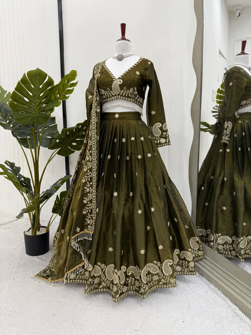 Olive Green Designer Jimi Choo Lehenga Choli Set with Heavy 3mm & 9mm Sequin Embroidery – With Dupatta ClothsVilla Main image