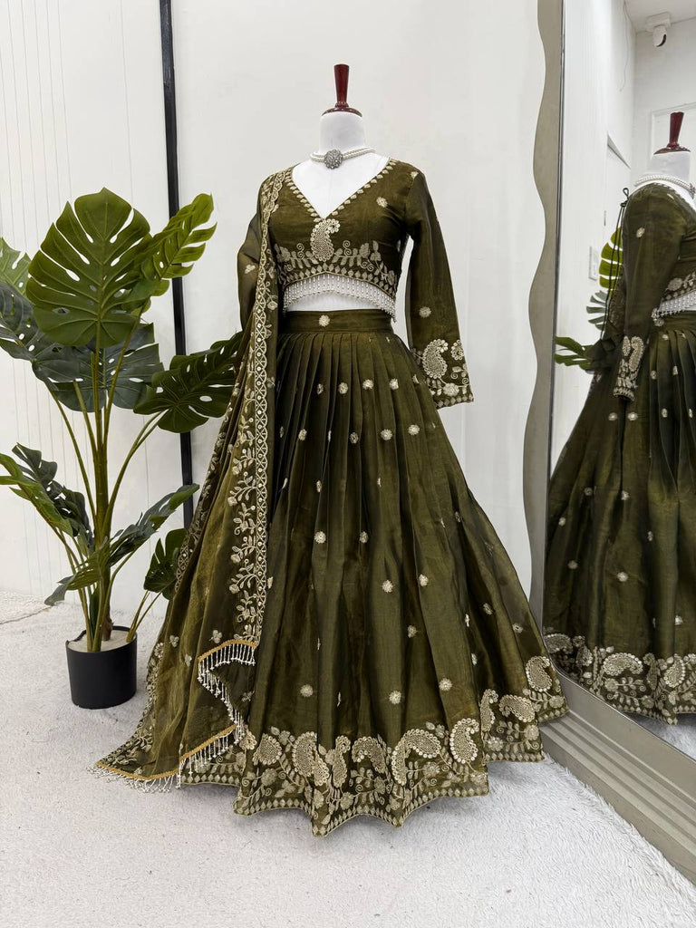 Olive Green Designer Jimi Choo Lehenga Choli Set with Heavy 3mm & 9mm Sequin Embroidery – With Dupatta ClothsVilla