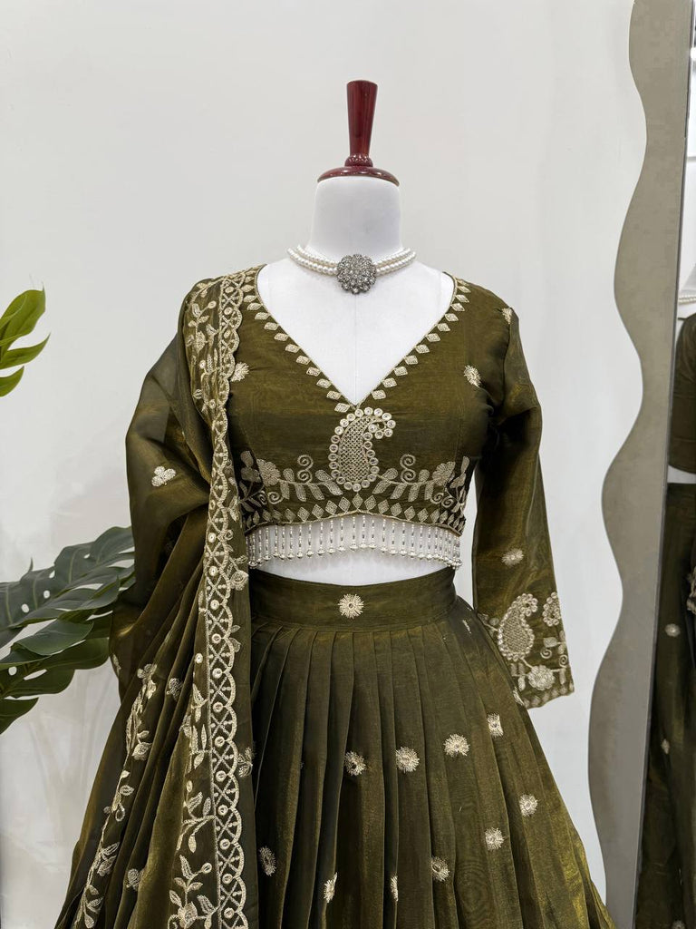 Olive Green Designer Jimi Choo Lehenga Choli Set with Heavy 3mm & 9mm Sequin Embroidery – With Dupatta ClothsVilla