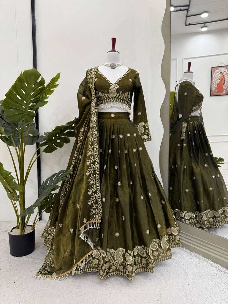 Olive Green Designer Jimi Choo Lehenga Choli Set with Heavy 3mm & 9mm Sequin Embroidery – With Dupatta ClothsVilla