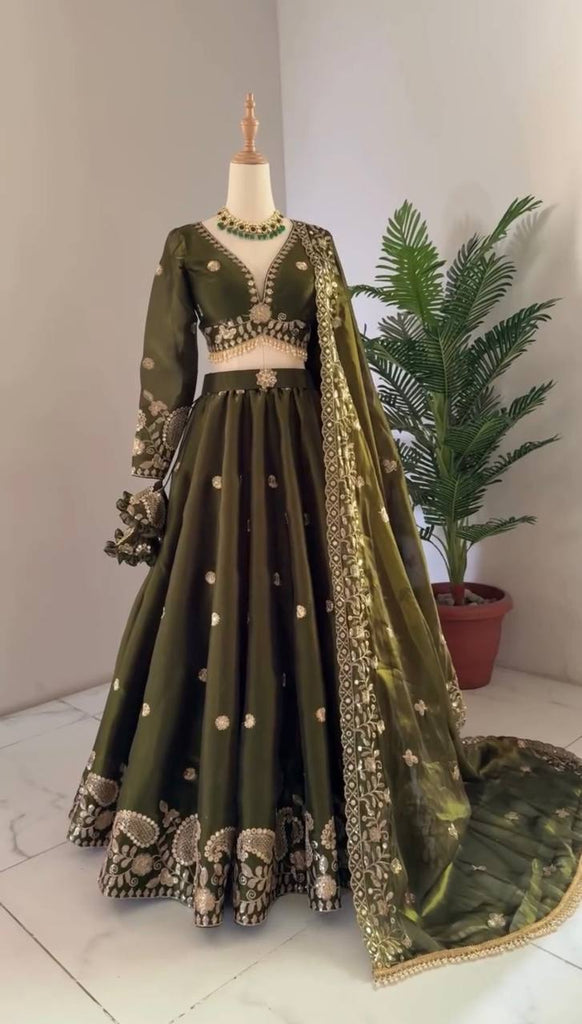 Olive Green Designer Jimi Choo Lehenga Choli Set with Heavy 3mm & 9mm Sequin Embroidery – With Dupatta ClothsVilla