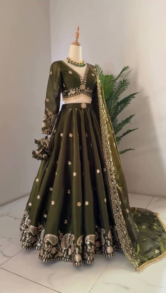 Olive Green Designer Jimi Choo Lehenga Choli Set with Heavy 3mm & 9mm Sequin Embroidery – With Dupatta ClothsVilla