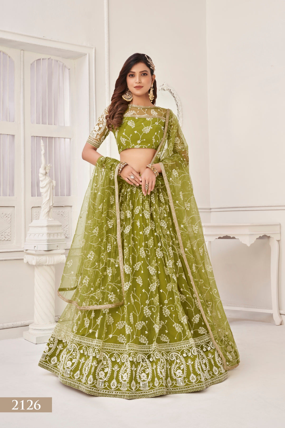 Olive Green Elegant Butterfly Net Lehenga with Exquisite Embroidery