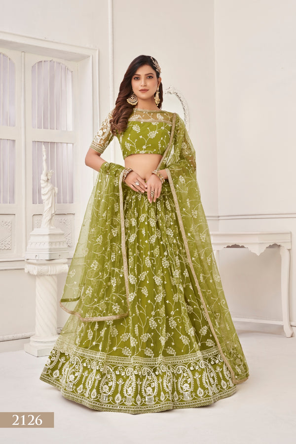 Olive Green Elegant Butterfly Net Lehenga with Exquisite Embroidery