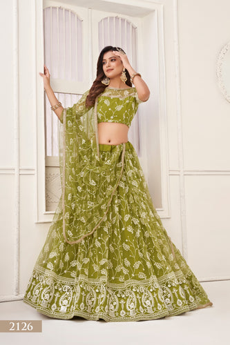 Olive Green Elegant Butterfly Net Lehenga with Exquisite Embroidery
