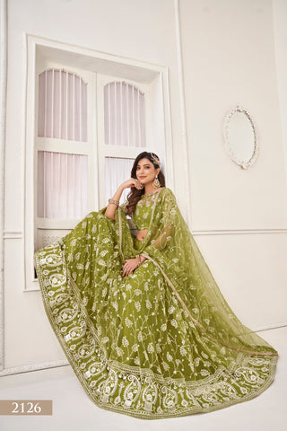 Olive Green Elegant Butterfly Net Lehenga with Exquisite Embroidery
