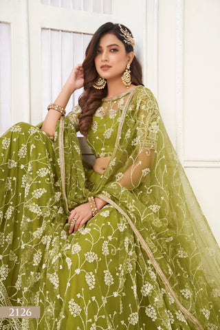 Olive Green Elegant Butterfly Net Lehenga with Exquisite Embroidery