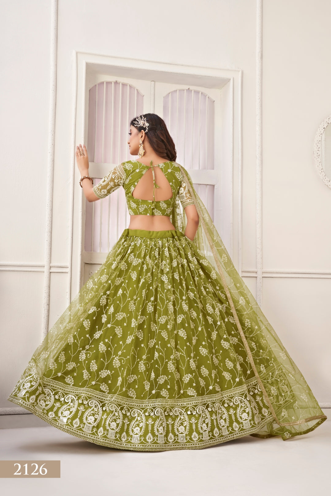 Olive Green Elegant Butterfly Net Lehenga with Exquisite Embroidery
