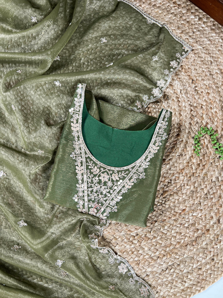 Olive Green Elegant Gold Coin Top & Maska Cotton Bottom Set with Sequins & Thread Embroidery – Stitched Top with Matching Dupatta ClothsVilla