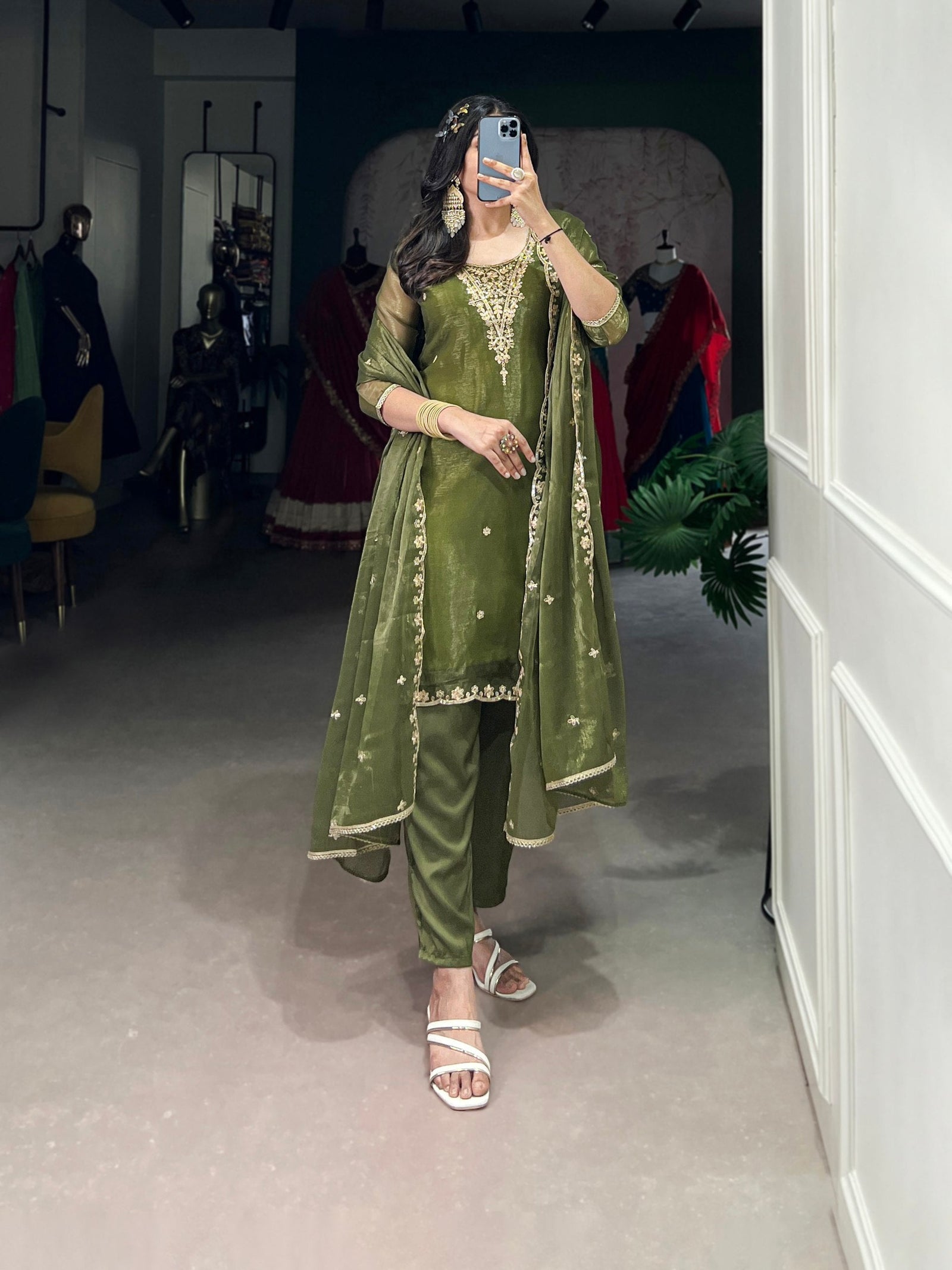 Olive Green Elegant Gold Coin Top & Maska Cotton Bottom Set with Sequins & Thread Embroidery – Stitched Top with Matching Dupatta ClothsVilla