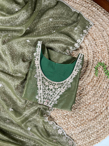 Olive Green Elegant Gold Coin Top & Maska Cotton Bottom Set with Sequins & Thread Embroidery – Stitched Top with Matching Dupatta ClothsVilla