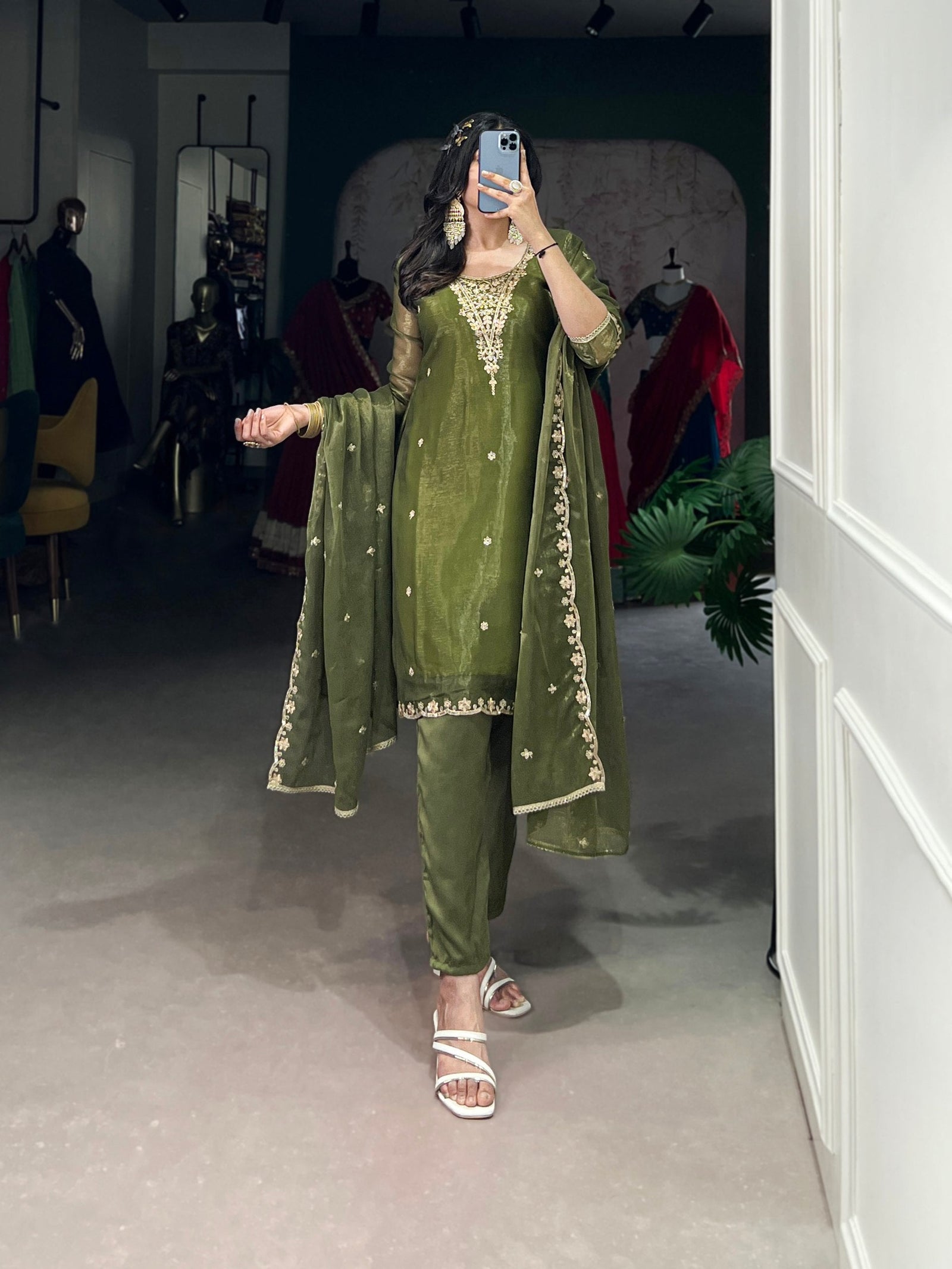 Olive Green Elegant Gold Coin Top & Maska Cotton Bottom Set with Sequins & Thread Embroidery – Stitched Top with Matching Dupatta ClothsVilla