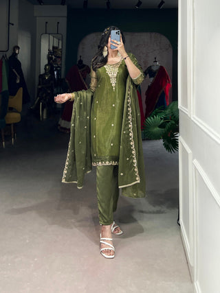Olive Green Elegant Gold Coin Top & Maska Cotton Bottom Set with Sequins & Thread Embroidery – Stitched Top with Matching Dupatta ClothsVilla