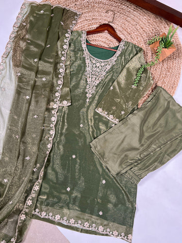 Olive Green Elegant Gold Coin Top & Maska Cotton Bottom Set with Sequins & Thread Embroidery – Stitched Top with Matching Dupatta ClothsVilla