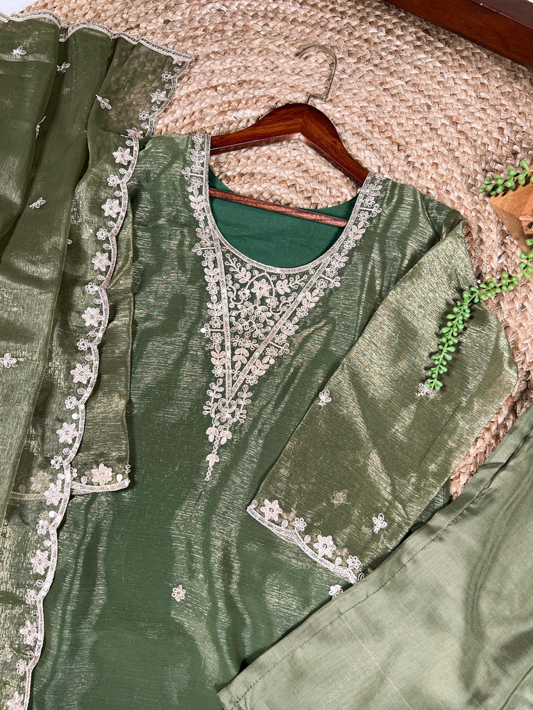 Olive Green Elegant Gold Coin Top & Maska Cotton Bottom Set with Sequins & Thread Embroidery – Stitched Top with Matching Dupatta ClothsVilla