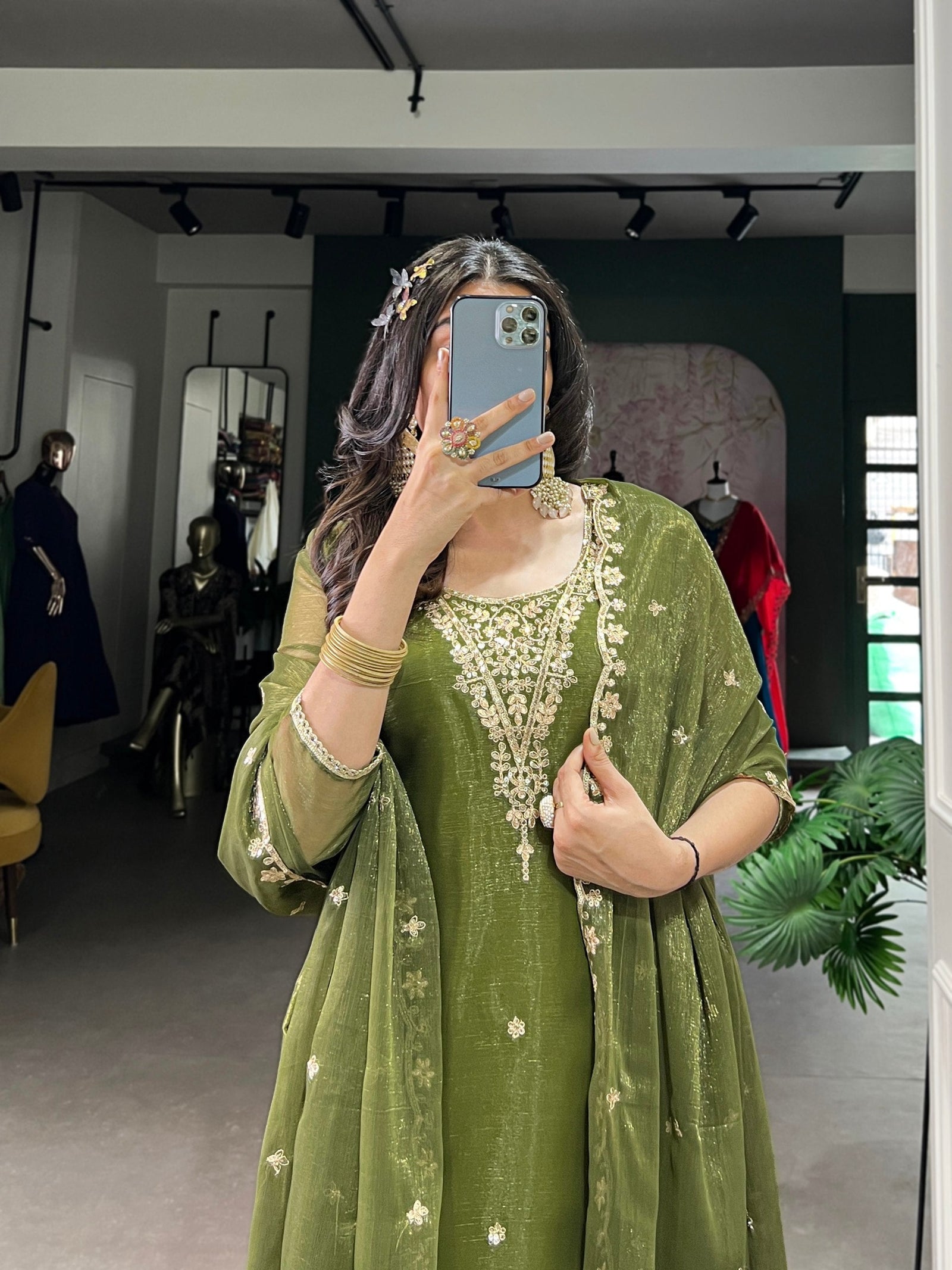 Olive Green Elegant Gold Coin Top & Maska Cotton Bottom Set with Sequins & Thread Embroidery – Stitched Top with Matching Dupatta ClothsVilla