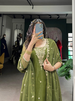 Olive Green Elegant Gold Coin Top & Maska Cotton Bottom Set with Sequins & Thread Embroidery – Stitched Top with Matching Dupatta ClothsVilla