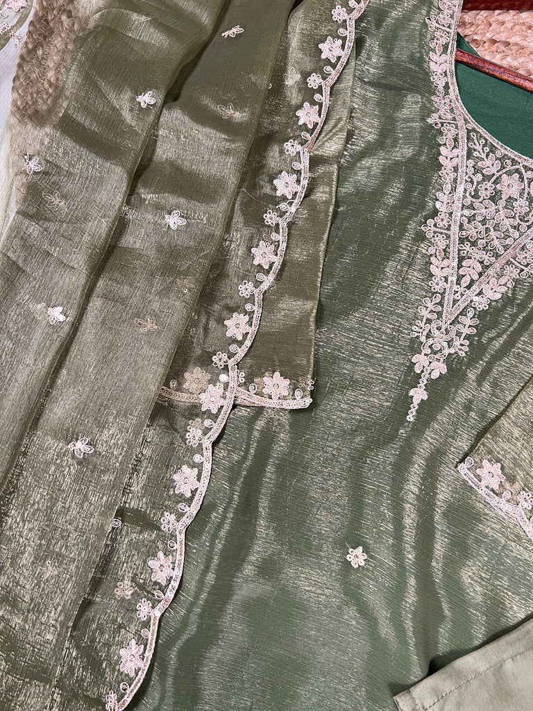 Olive Green Elegant Gold Coin Top & Maska Cotton Bottom Set with Sequins & Thread Embroidery – Stitched Top with Matching Dupatta ClothsVilla