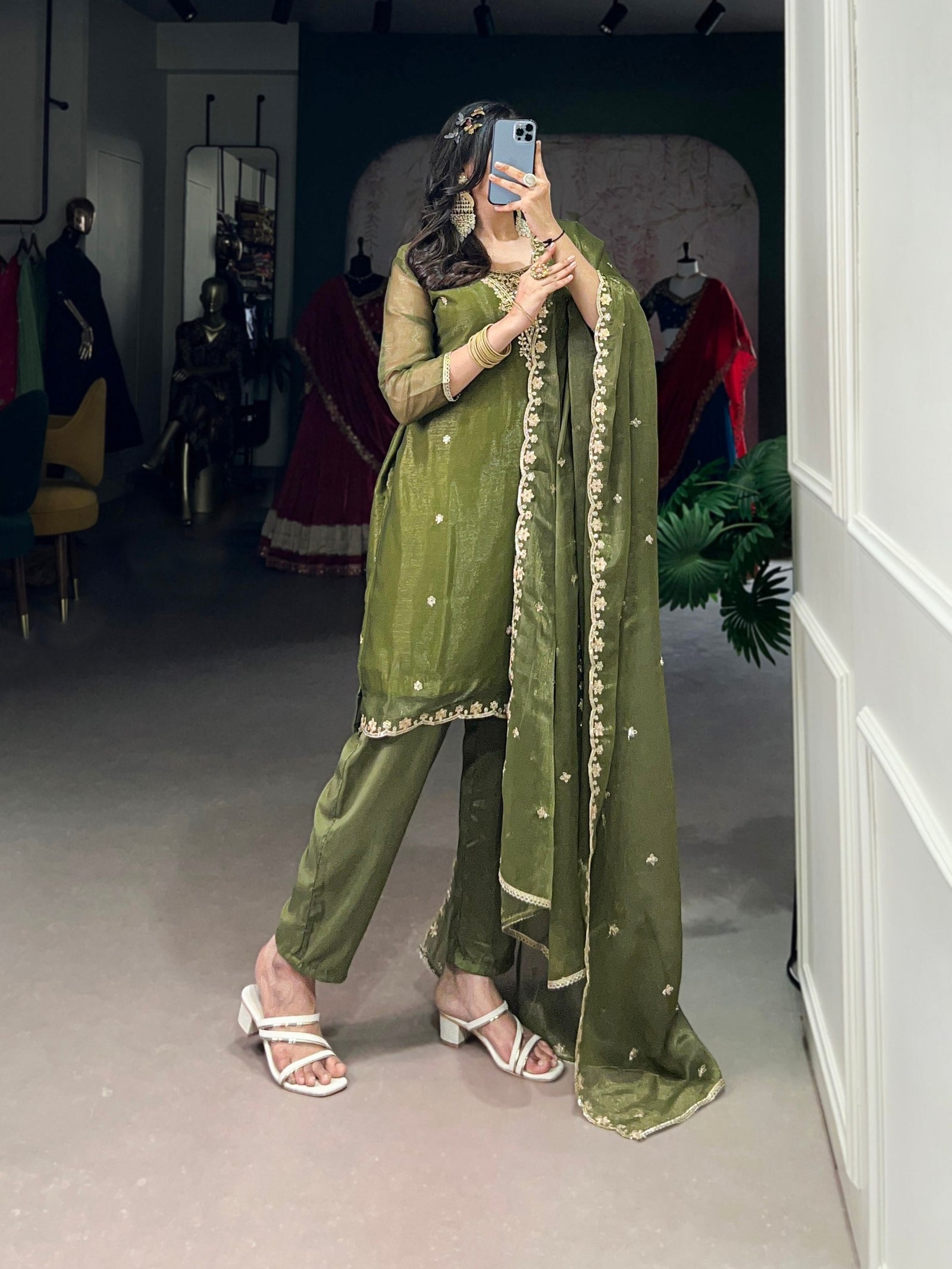 Olive Green Elegant Gold Coin Top & Maska Cotton Bottom Set with Sequins & Thread Embroidery – Stitched Top with Matching Dupatta ClothsVilla