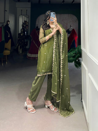 Olive Green Elegant Gold Coin Top & Maska Cotton Bottom Set with Sequins & Thread Embroidery – Stitched Top with Matching Dupatta ClothsVilla