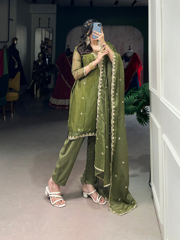 Olive Green Elegant Gold Coin Top & Maska Cotton Bottom Set with Sequins & Thread Embroidery – Stitched Top with Matching Dupatta ClothsVilla