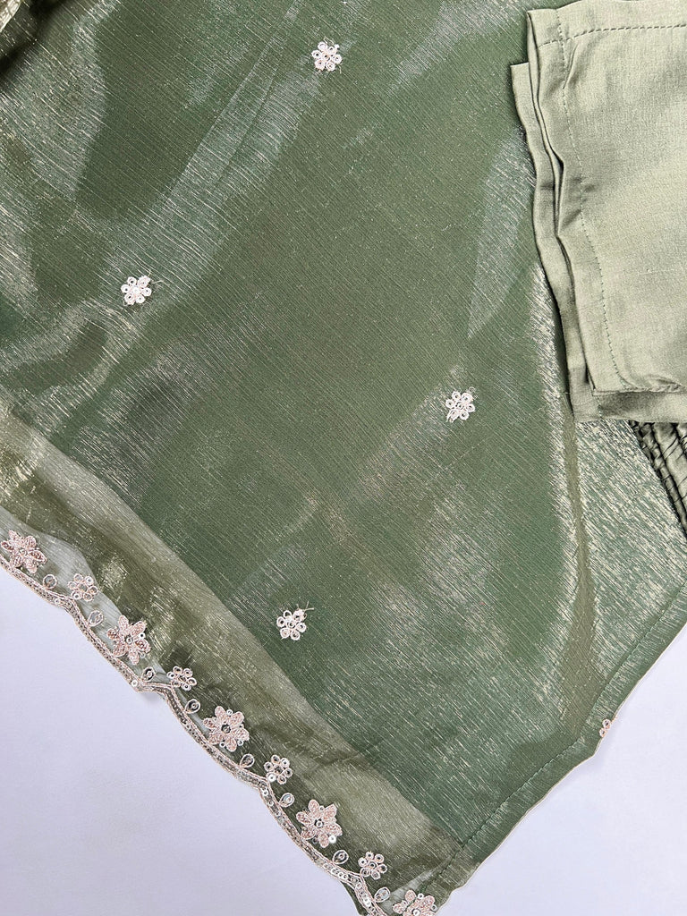 Olive Green Elegant Gold Coin Top & Maska Cotton Bottom Set with Sequins & Thread Embroidery – Stitched Top with Matching Dupatta ClothsVilla