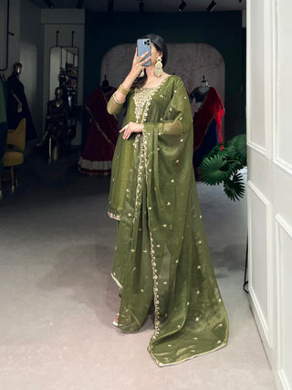 Olive Green Elegant Gold Coin Top & Maska Cotton Bottom Set with Sequins & Thread Embroidery – Stitched Top with Matching Dupatta ClothsVilla