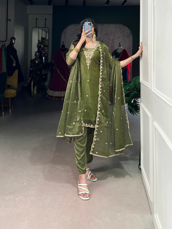 Olive Green Elegant Gold Coin Top & Maska Cotton Bottom Set with Sequins & Thread Embroidery – Stitched Top with Matching Dupatta ClothsVilla