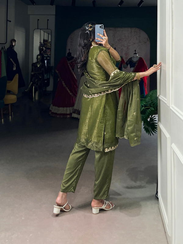 Olive Green Elegant Gold Coin Top & Maska Cotton Bottom Set with Sequins & Thread Embroidery – Stitched Top with Matching Dupatta ClothsVilla
