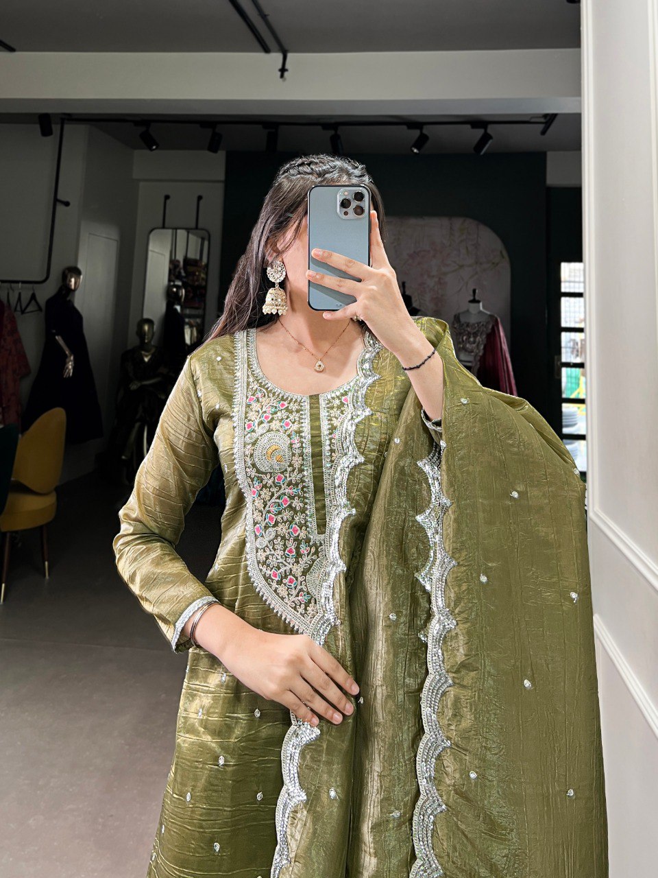 Olive Green Elegant Gold Crush Embroidered Suit Set ClothsVilla