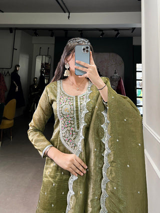 Olive Green Elegant Gold Crush Embroidered Suit Set ClothsVilla