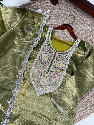 Olive Green Elegant Gold Crush Embroidered Suit Set ClothsVilla