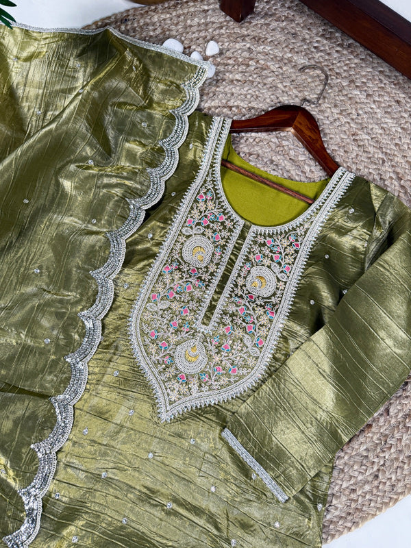 Olive Green Elegant Gold Crush Embroidered Suit Set ClothsVilla