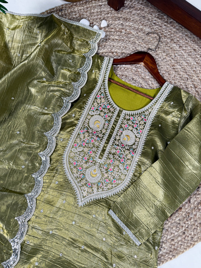 Olive Green Elegant Gold Crush Embroidered Suit Set ClothsVilla