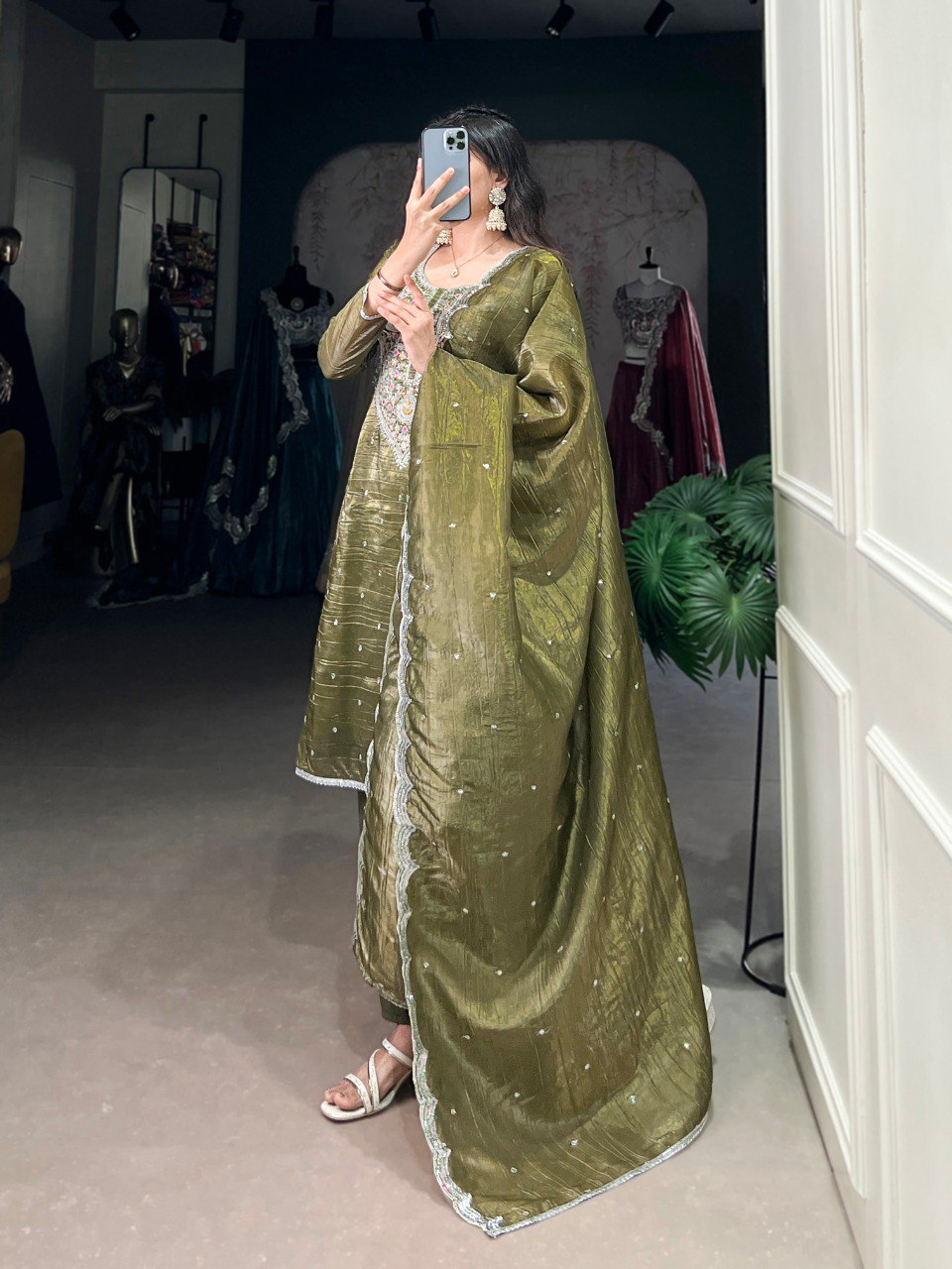 Olive Green Elegant Gold Crush Embroidered Suit Set ClothsVilla
