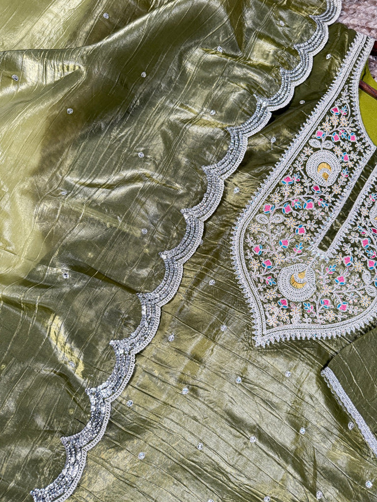 Olive Green Elegant Gold Crush Embroidered Suit Set ClothsVilla