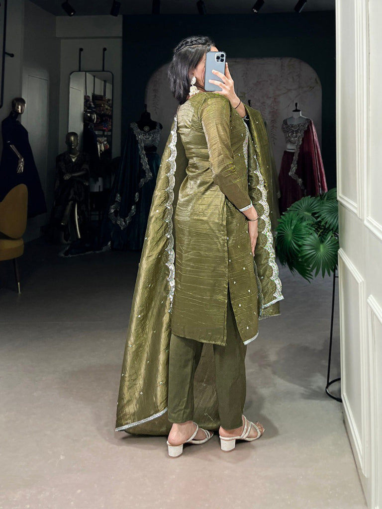 Olive Green Elegant Gold Crush Embroidered Suit Set ClothsVilla