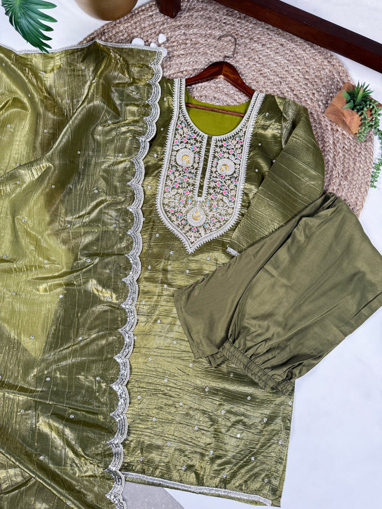 Olive Green Elegant Gold Crush Embroidered Suit Set ClothsVilla